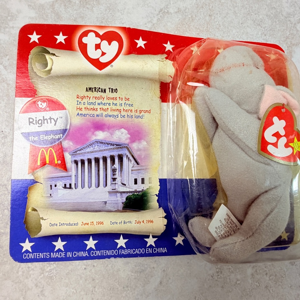 Ty Teenie Beanie Babies Righty the Elephant 2000 McDonald’s American Trio Sealed